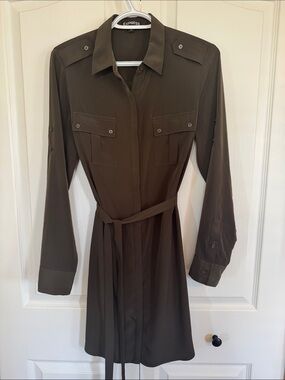 Express Olive Utility Shirt Dress with Waist Tie